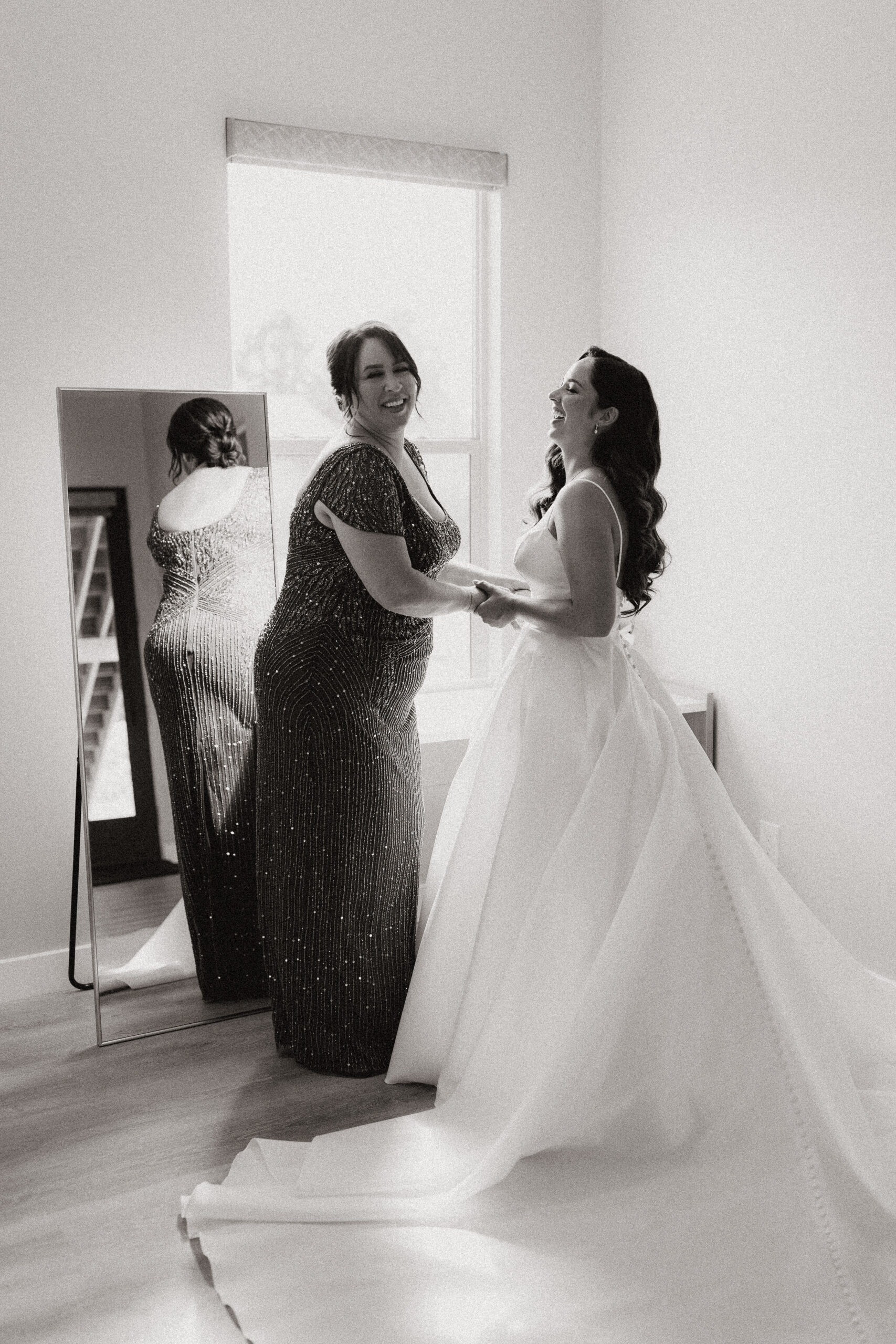 black and white of mother and bride