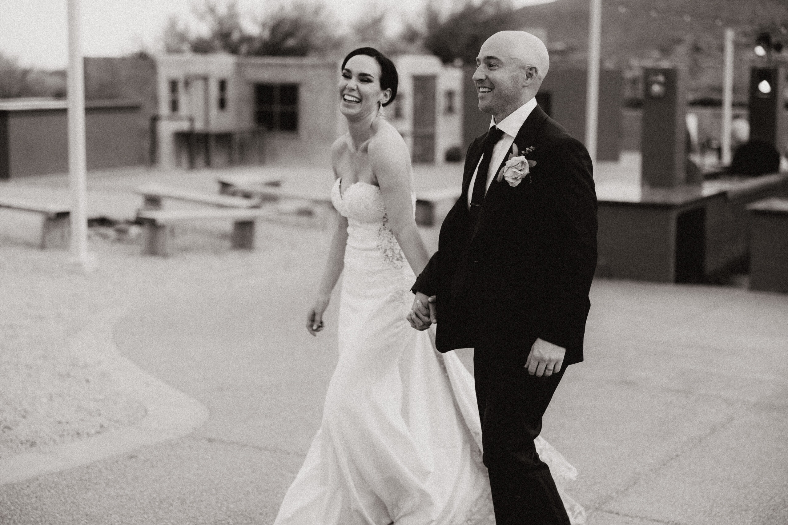 black and white of bride and groom first dance at camelback Inn Marriott