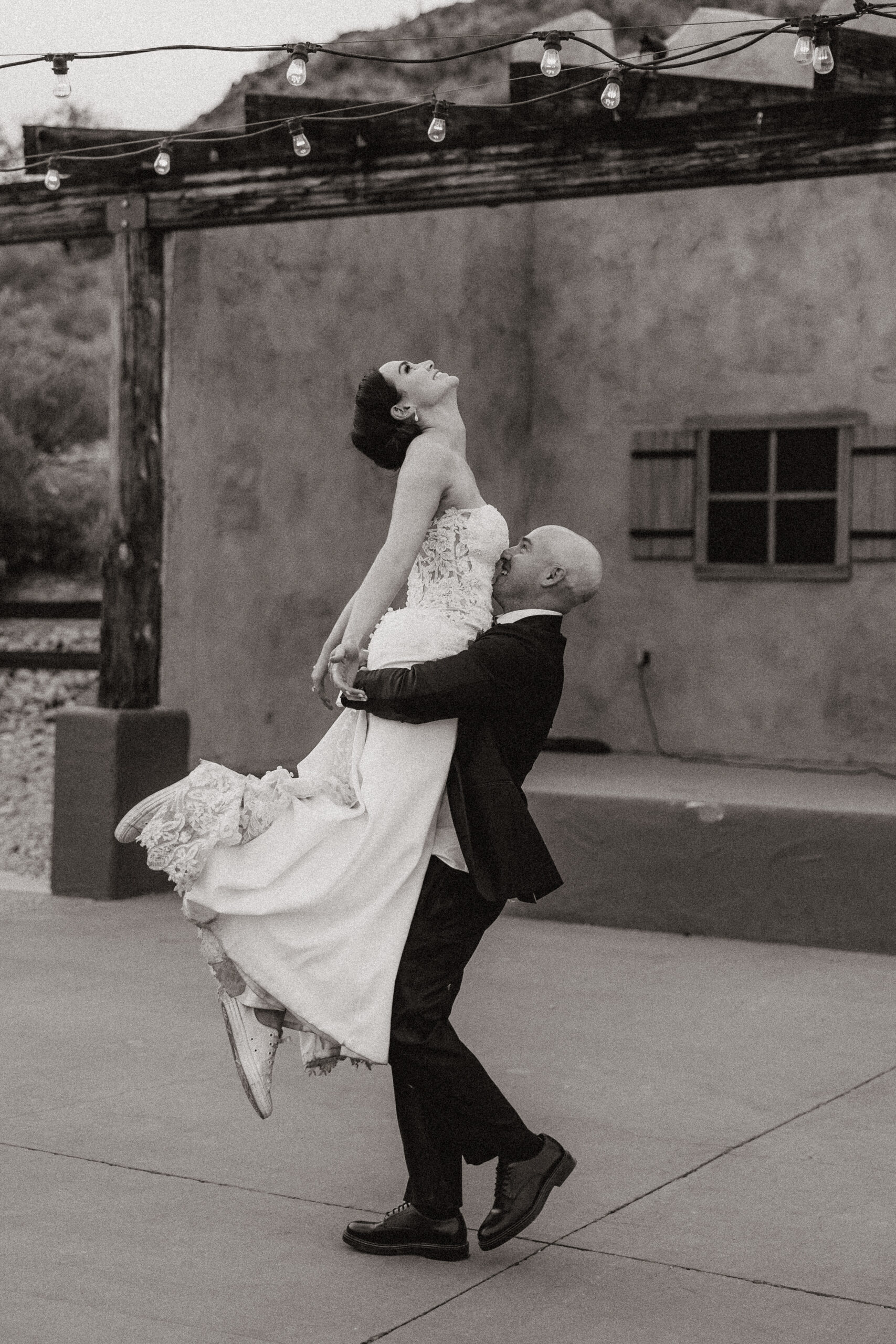 black and white of bride and groom first dance at camelback Inn Marriott