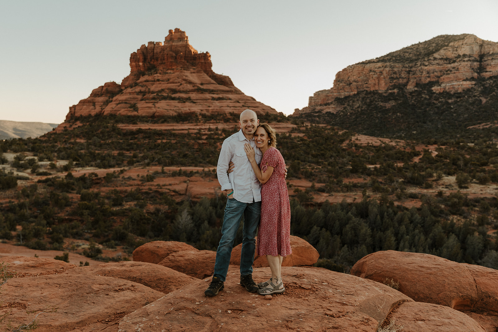 happy couple after the arizona proposal with view in background