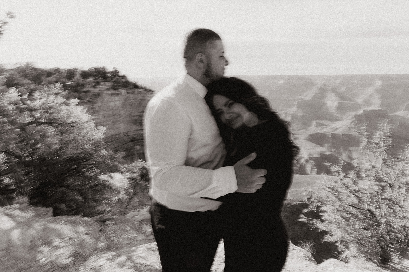 blurred black and white formal wear Grand Canyon Engagement Photos