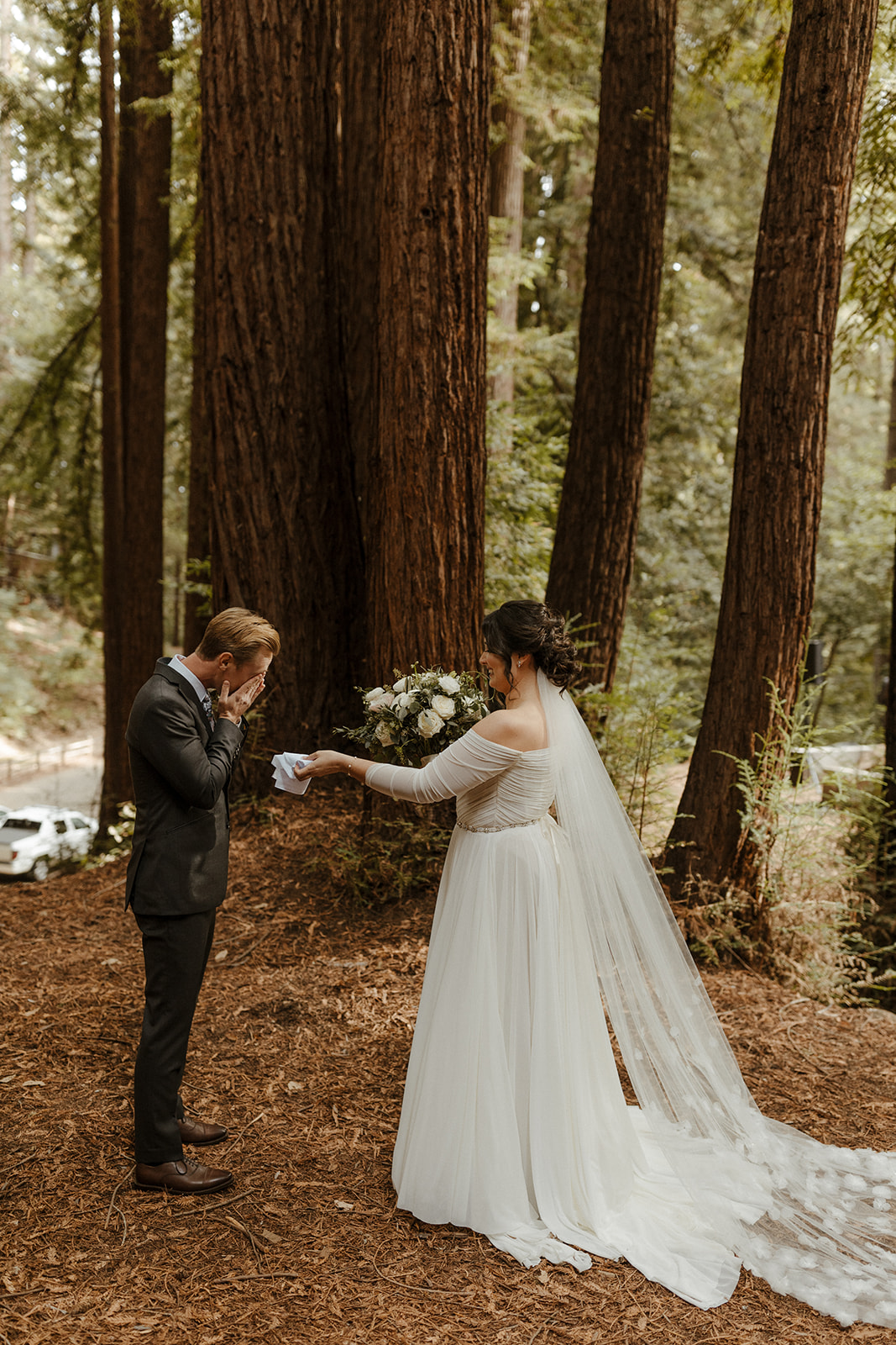 bride and groom first look for their redwood forest wedding 