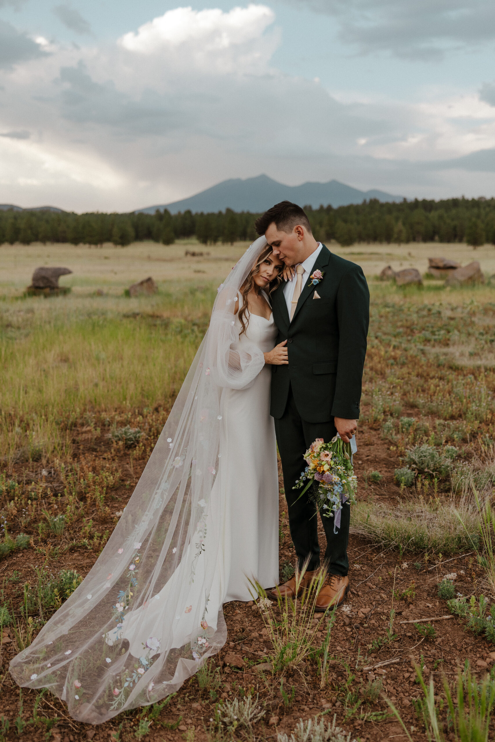 bridal couple with mountain in background at one of Arizona's forest wedding venues 