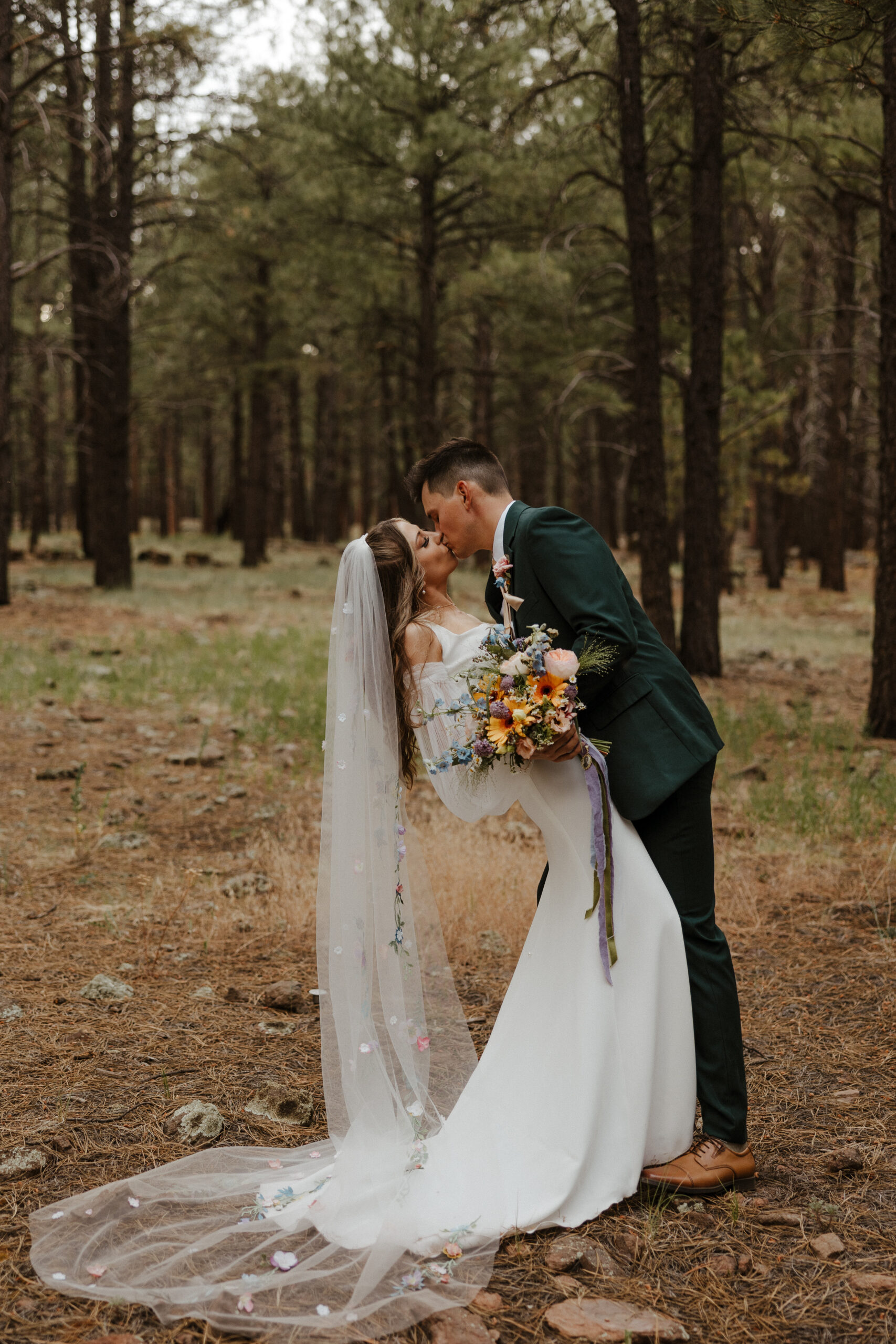 bridal couple portrait in the woods at one of Arizona's forest wedding venues 