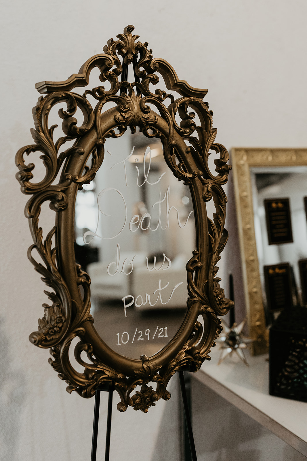 wedding signage on a mirror " til death do us part"