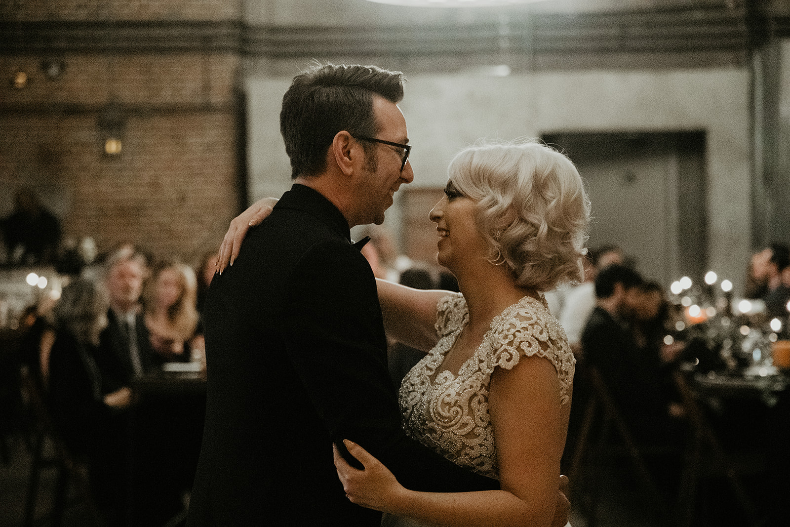 bridal couple's first dance at fall halloween wedding 