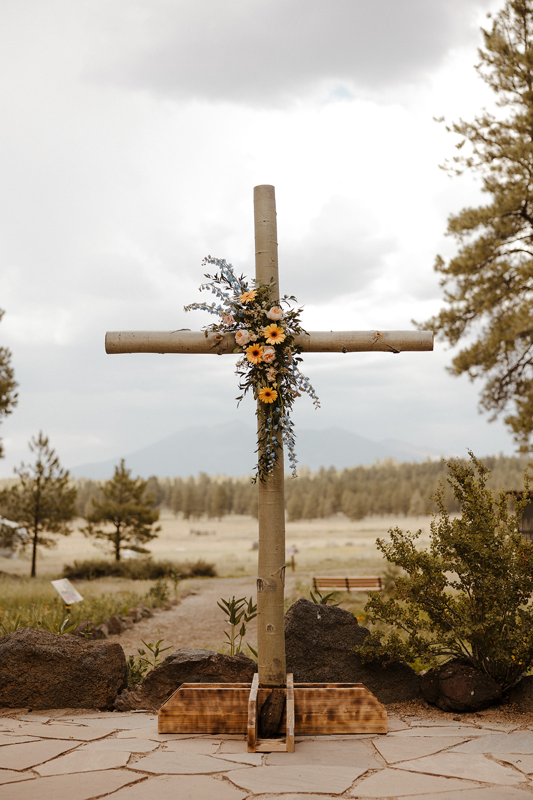 intimate forest wedding cross altar