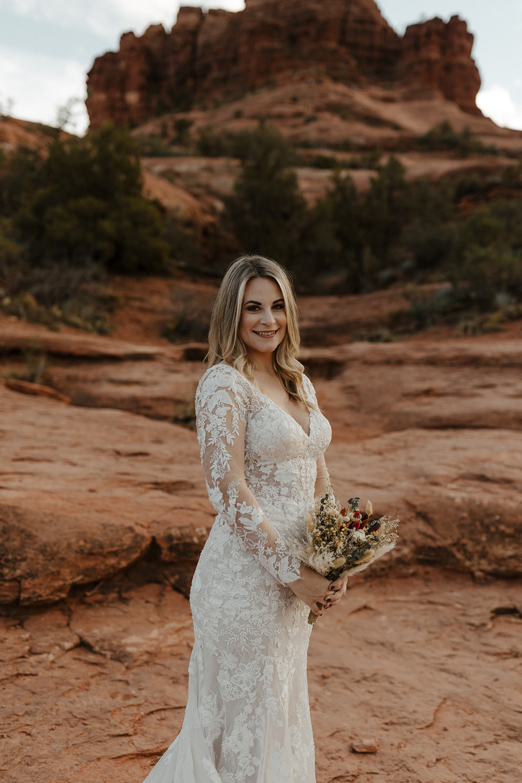 bridal portrait with beautiful scenery behind her 