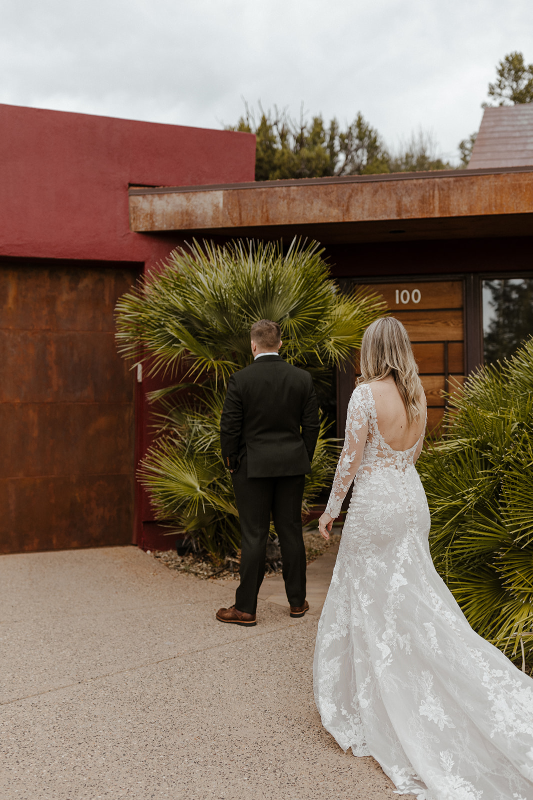 bride walking up to groom for the first look at sedona elopement wedding 