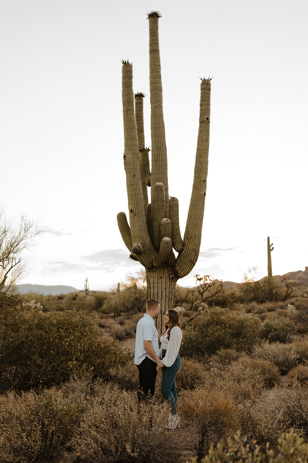couple holding hands in front of giant arizona cactus