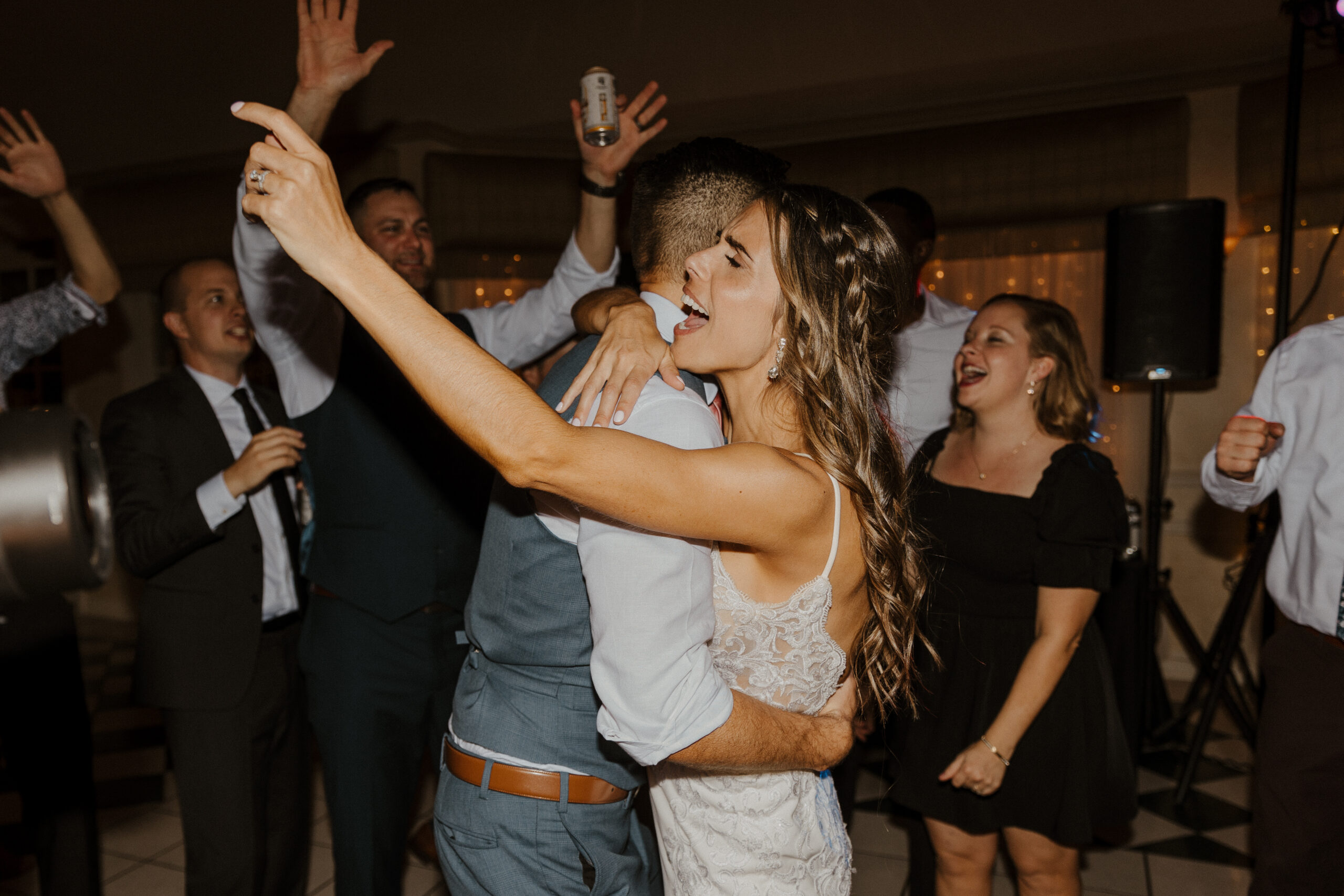 bride and groom dancing at after party of wright house wedding 
