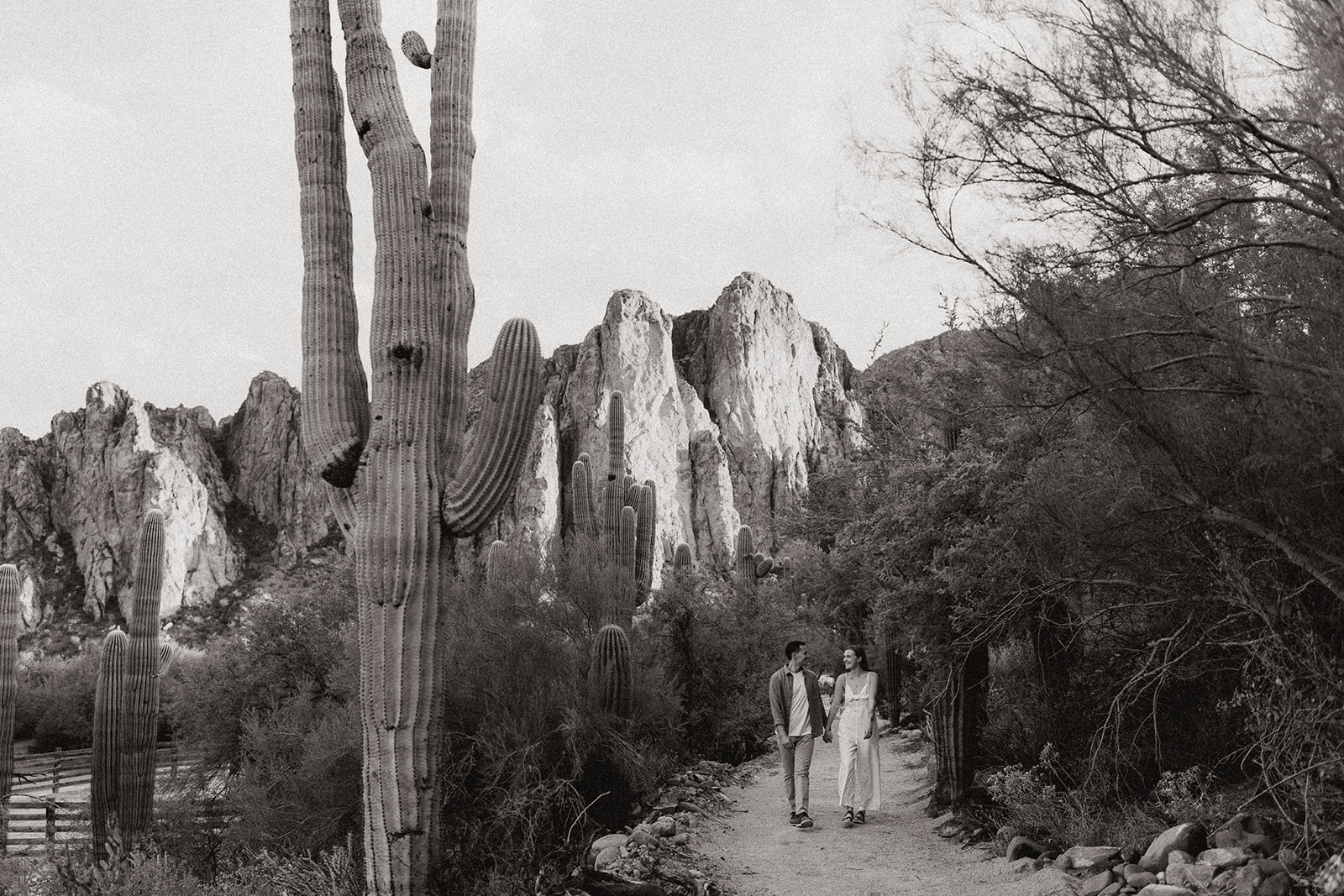 couple walking through the cacti at saguaro lake guest ranch Arizona 