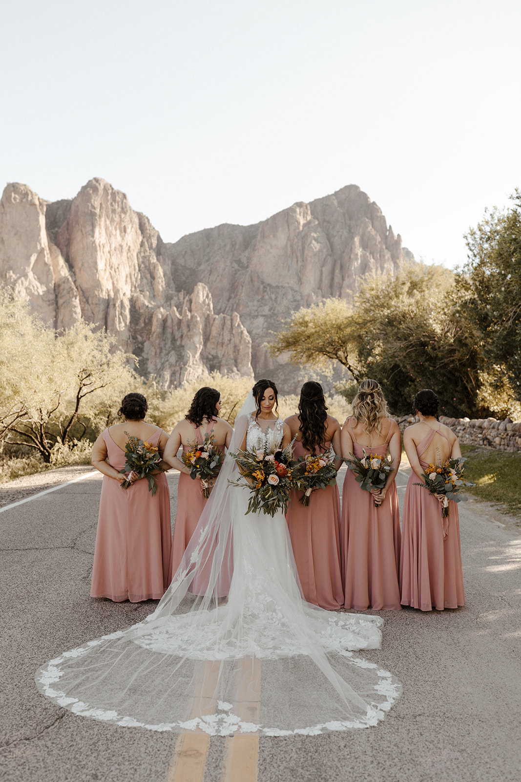 bride and bridesmaids portraits on the road with the mountains behind at Saguaro Lake Guest Ranch Wedding