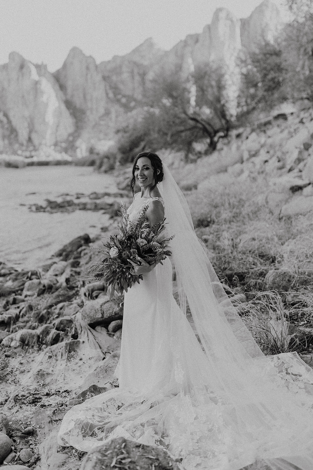 bridal portrait by the water at Arizona desert wedding