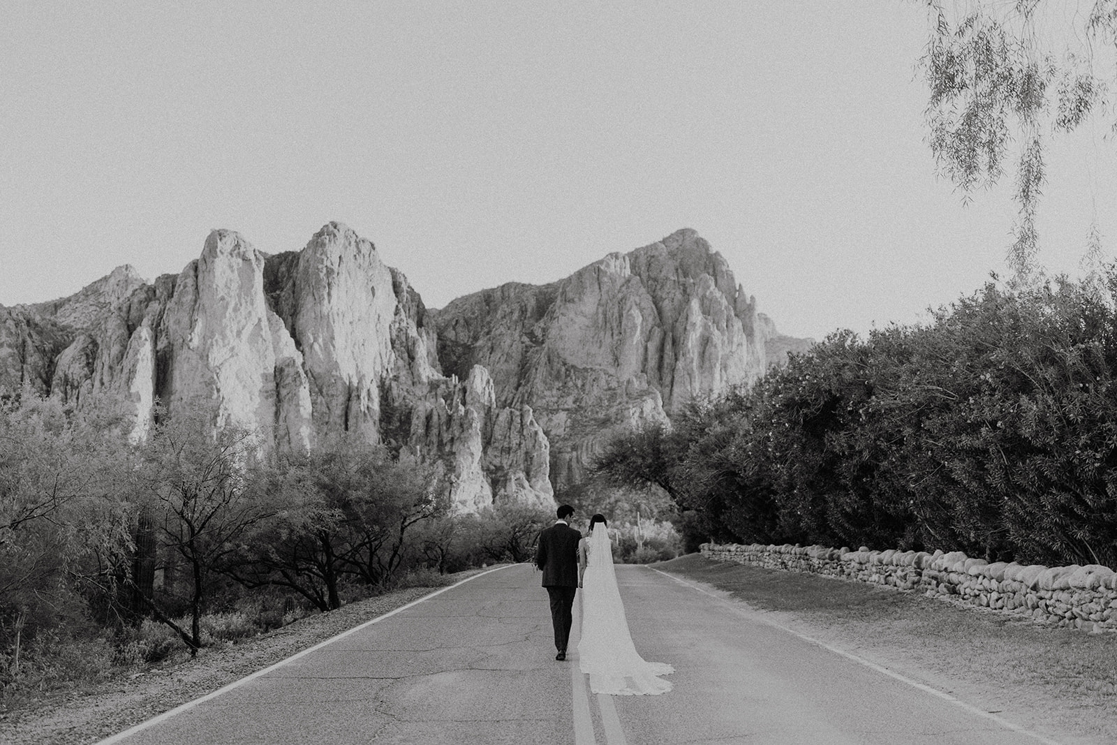 bridal couple walking away from the camera on the road with the mountains behind them 