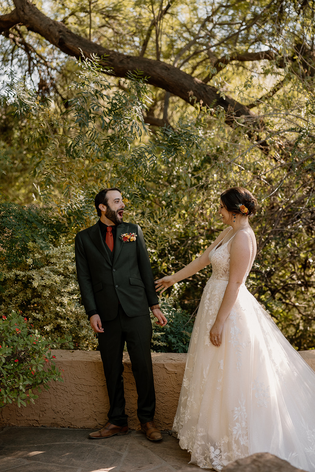 romantic bride and groom first look at boyce thompson arboretum