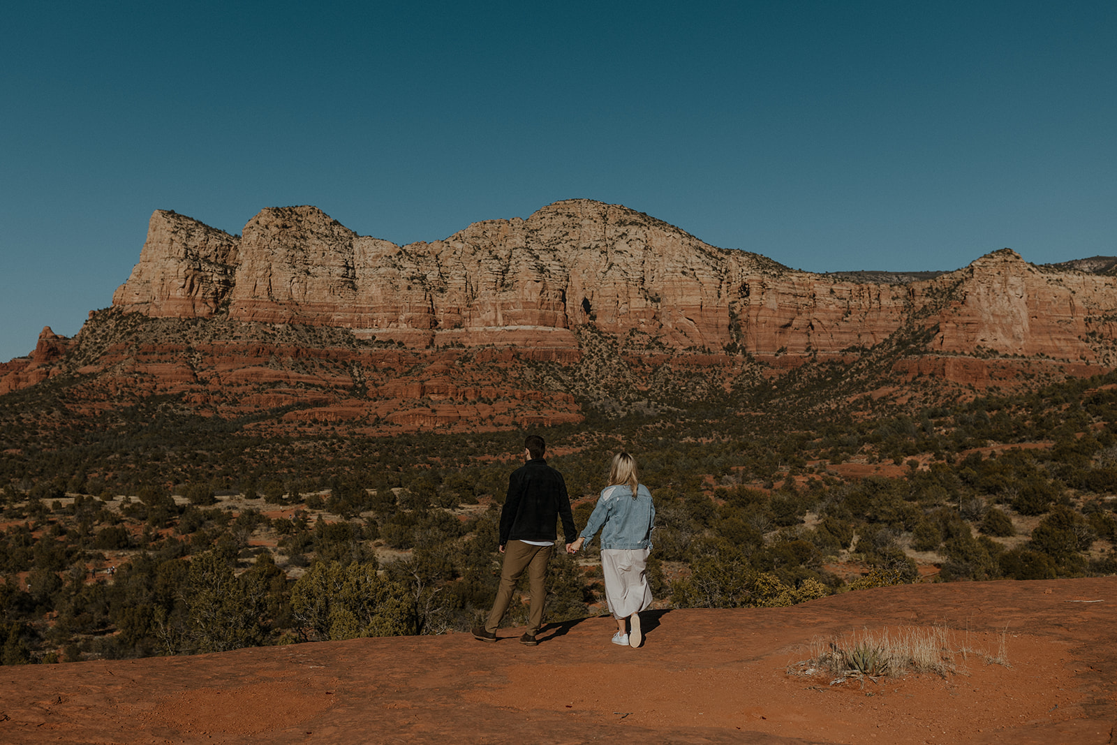 engaged couple with their back to the camera, holding hands looking at the scenery for sedona engagement photos