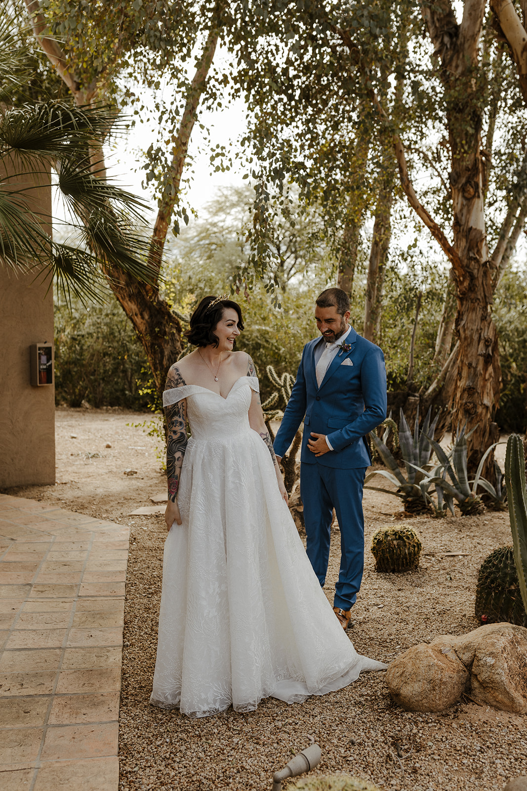 Bride and groom pose after their dreamy Arizona wedding day at The Hermossa Inn 