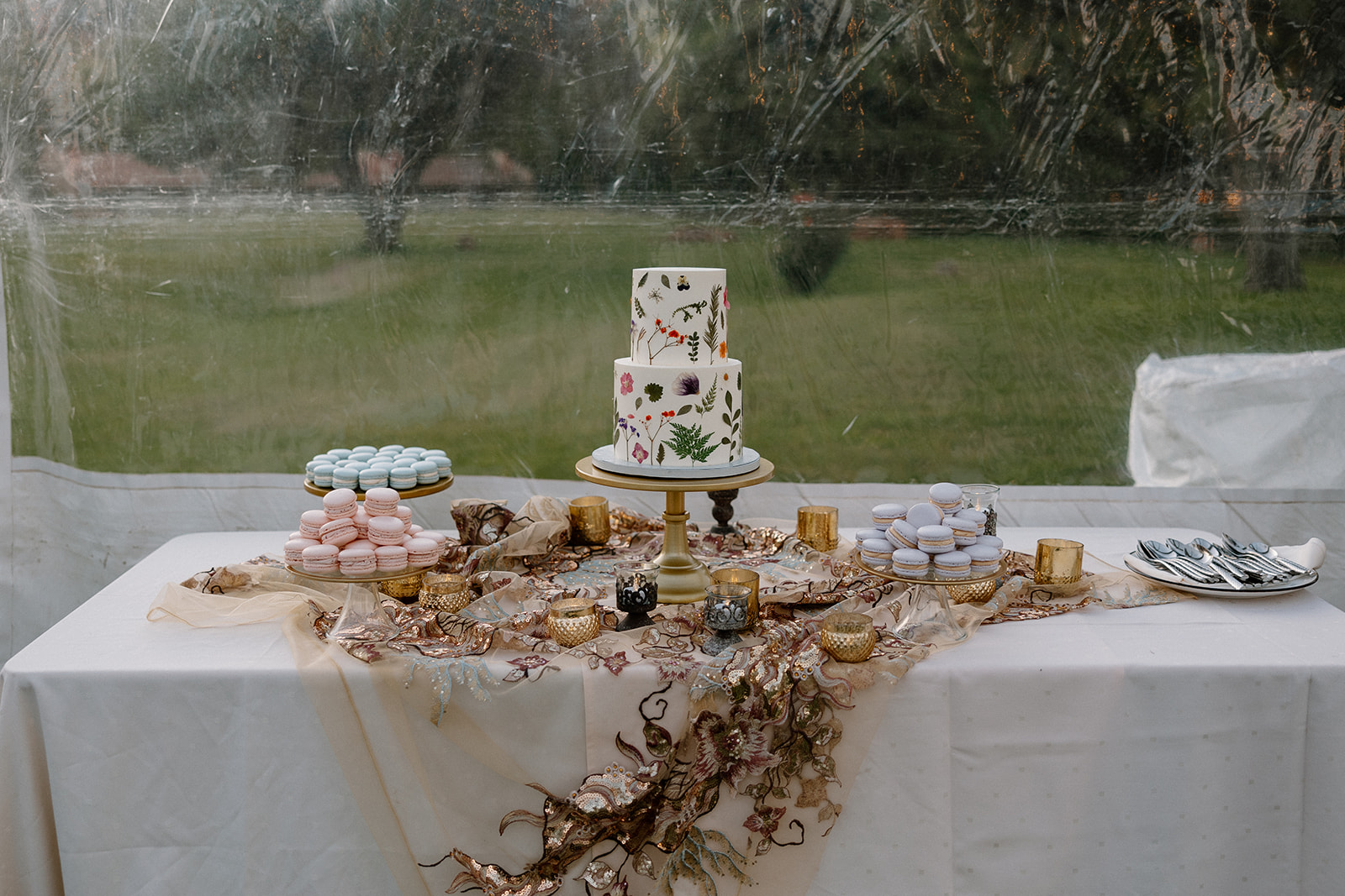 Stunning wedding details set up and ready for the fairy garden wedding reception