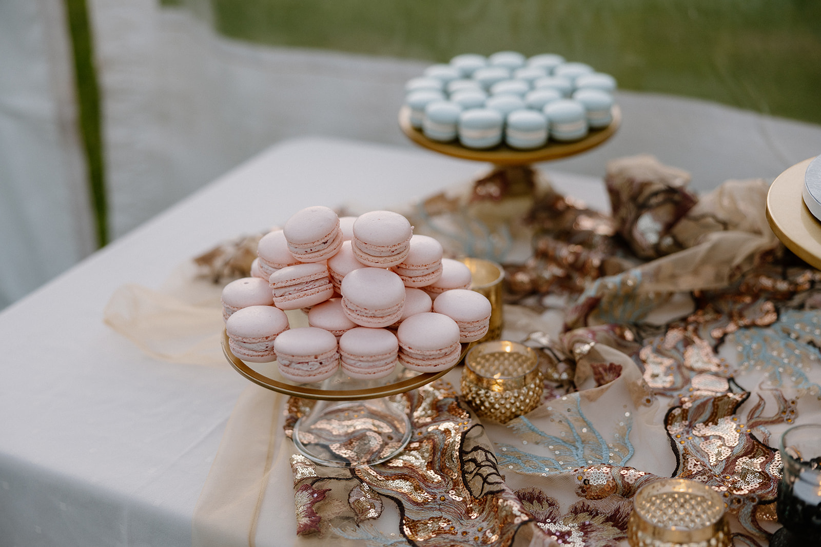 Detail shot of blue and pink macaroons waiting for guests at the dreamy Poco Diablo Resort wedding