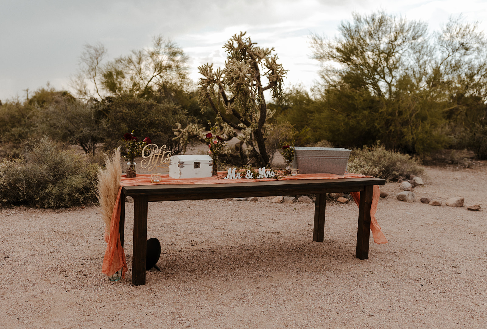 wedding gift table sits in the stunning lost dutchman state park