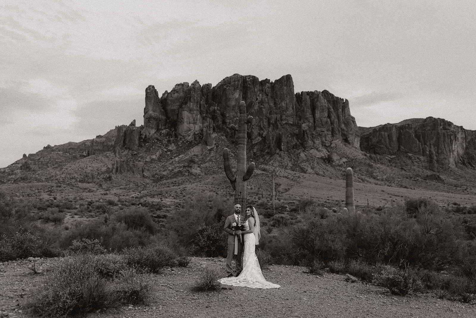 Beautiful bride and groom pose in front of a full grown cactus in lost dutchman state park