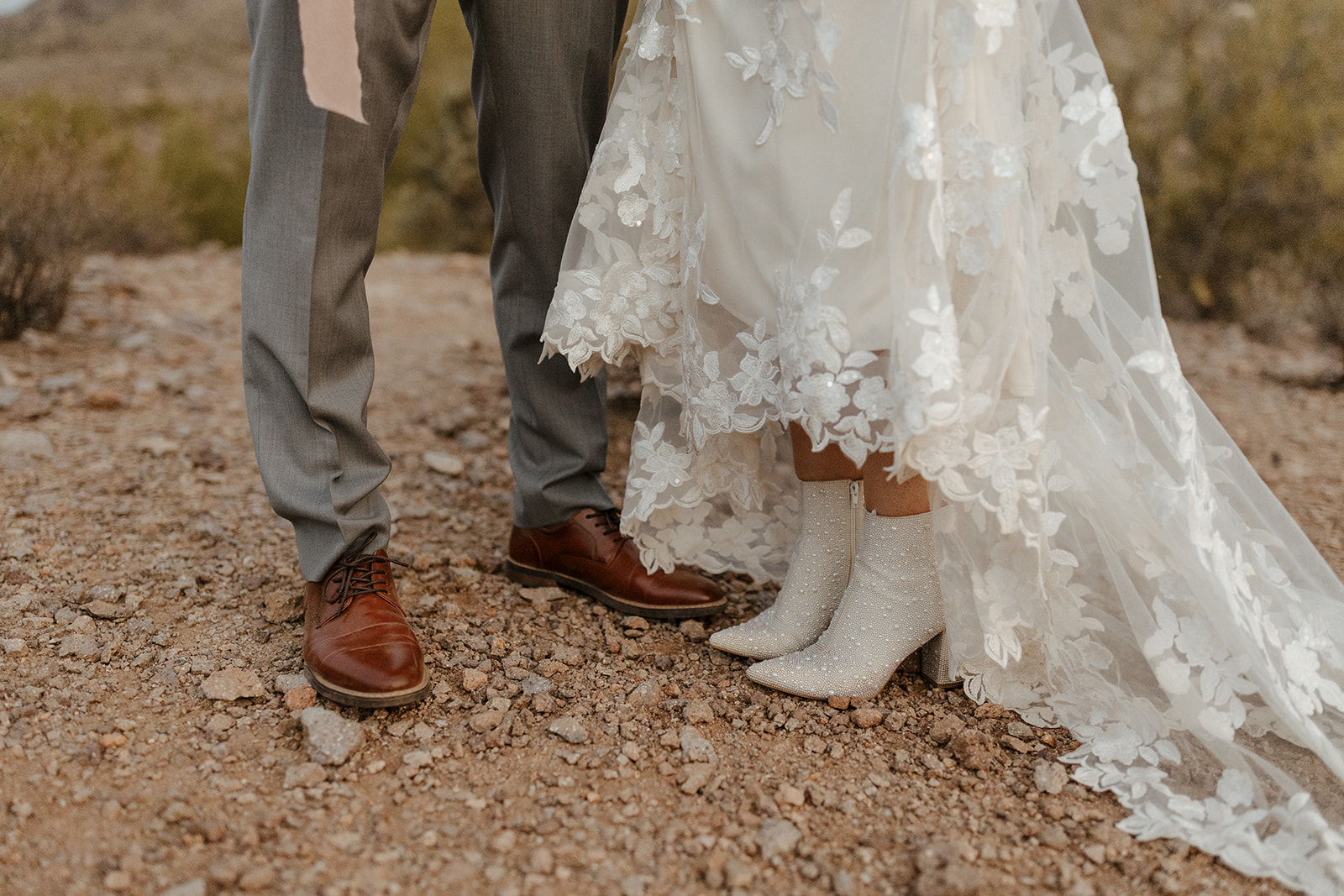 detail shot of the stunning bride and grooms shoes for their Arizona wedding day