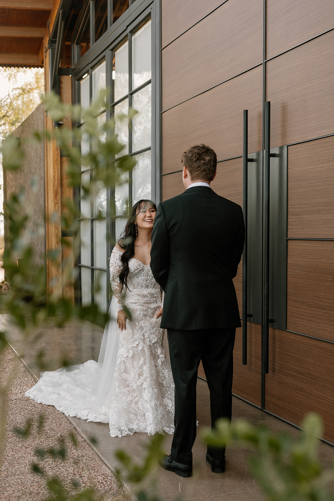 stunning bride and groom share an intimate first look wedding photoshoot