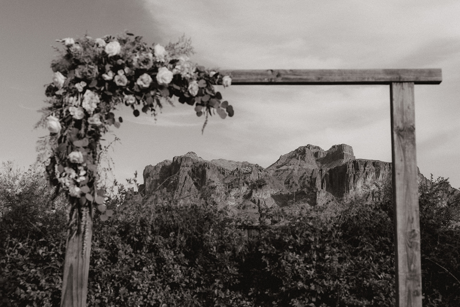 stunning Arizona nature photo through the boho wedding arch