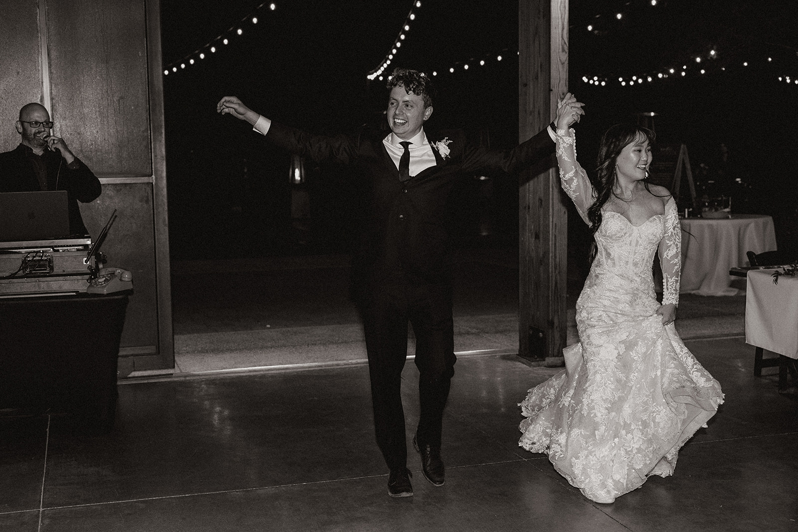 bride and groom enter their dreamy Arizona wedding reception