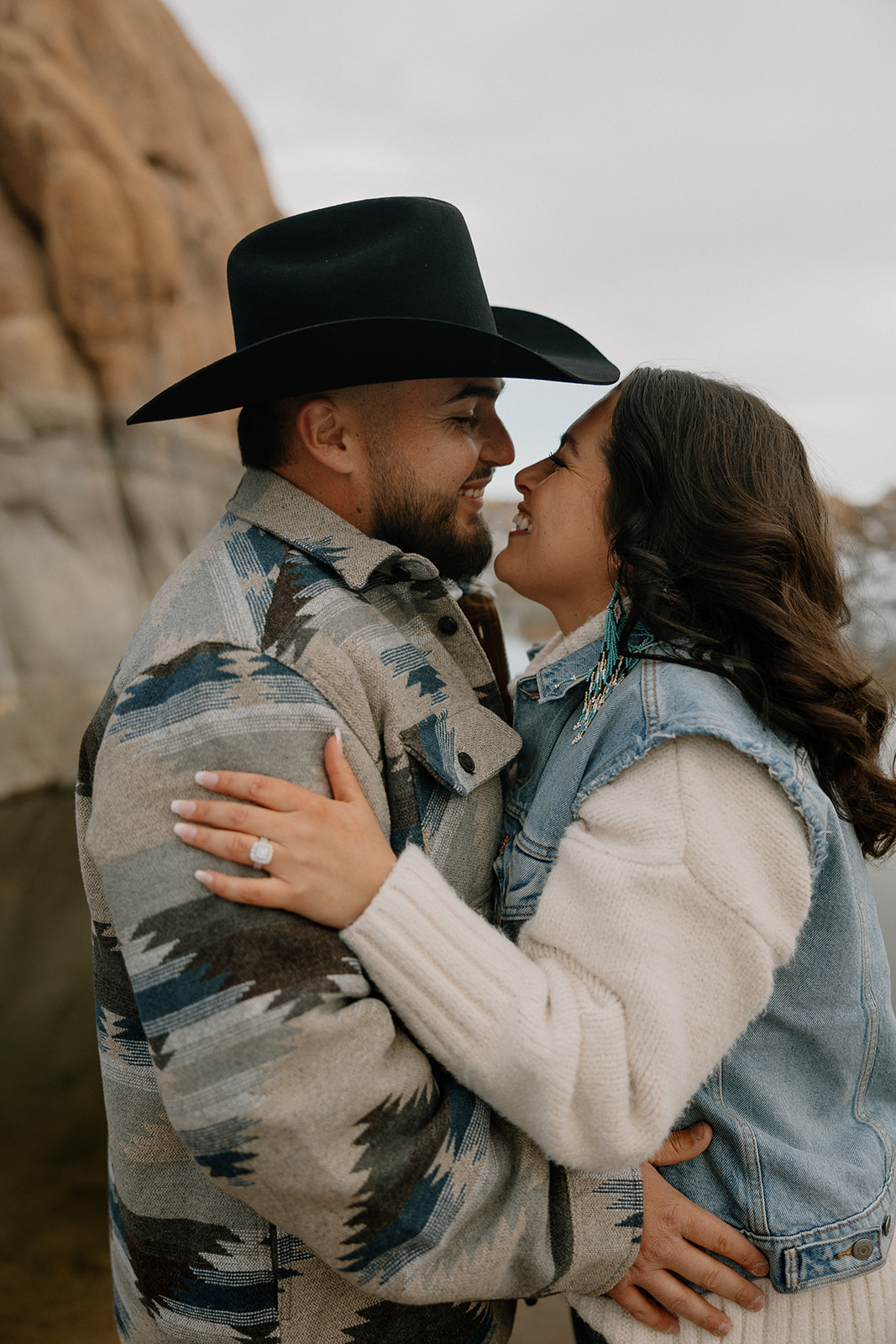 Up close and personal view of a beautiful Arizona couple during their winter engagement photoshoot