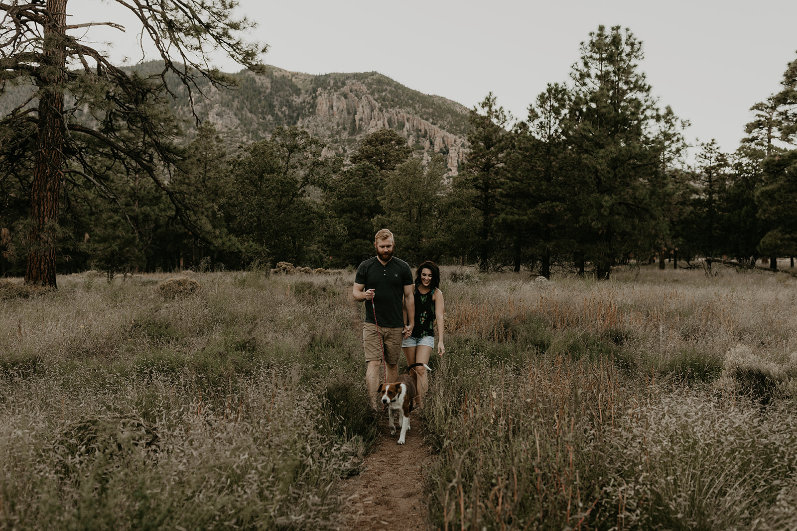 couple walk through the beautiful Arizona nature with their dog 