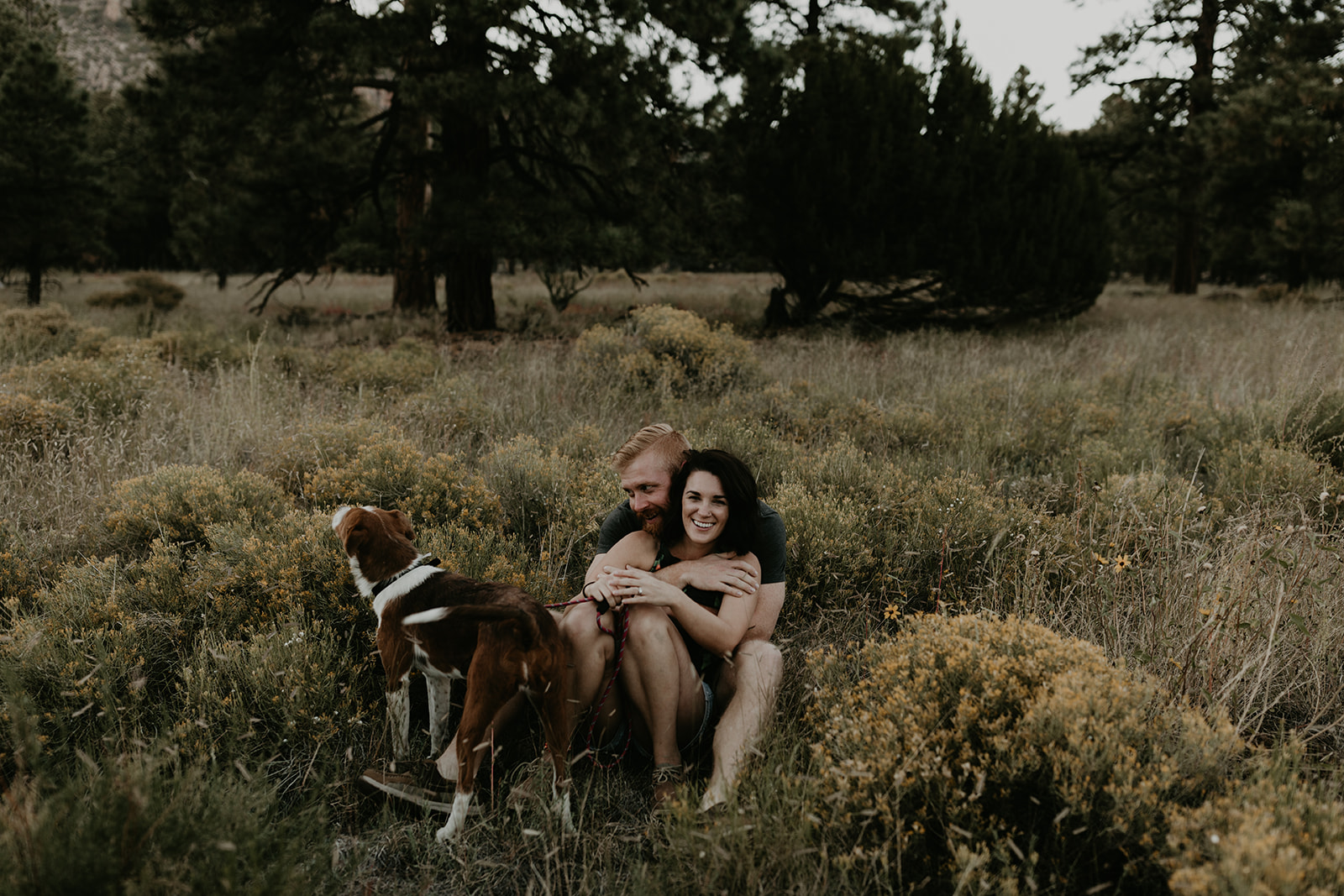 couple sit with their dog in a field outside their house, this photo is a great couple photoshoot ideas at home