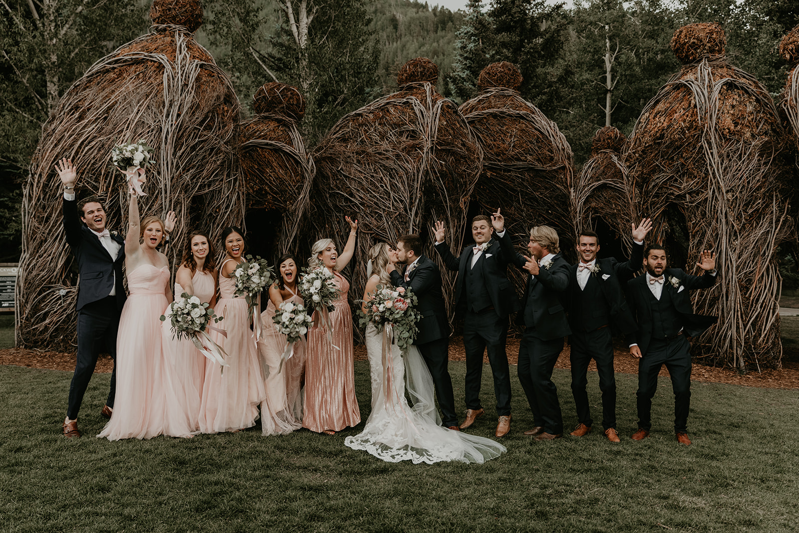 the wedding party poses together after the timeless Betty Ford Alpine Gardens Wedding 