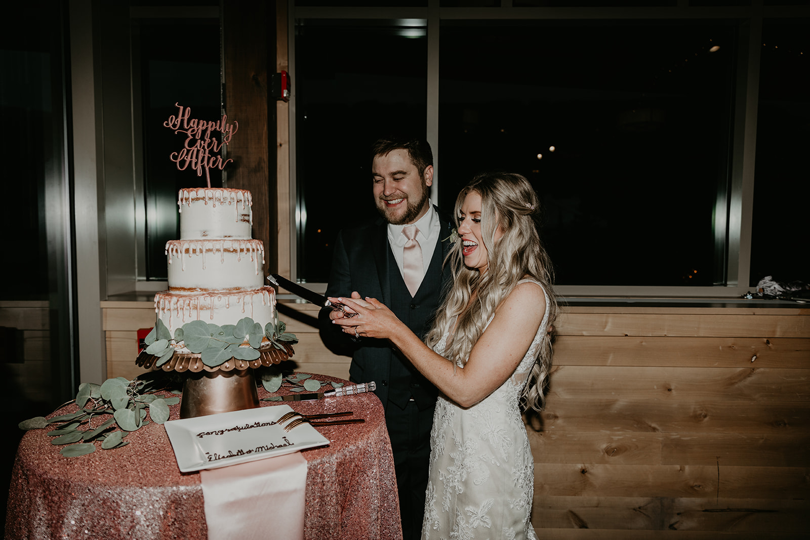 candid photos of a bride and groom cutting their wedding cake together