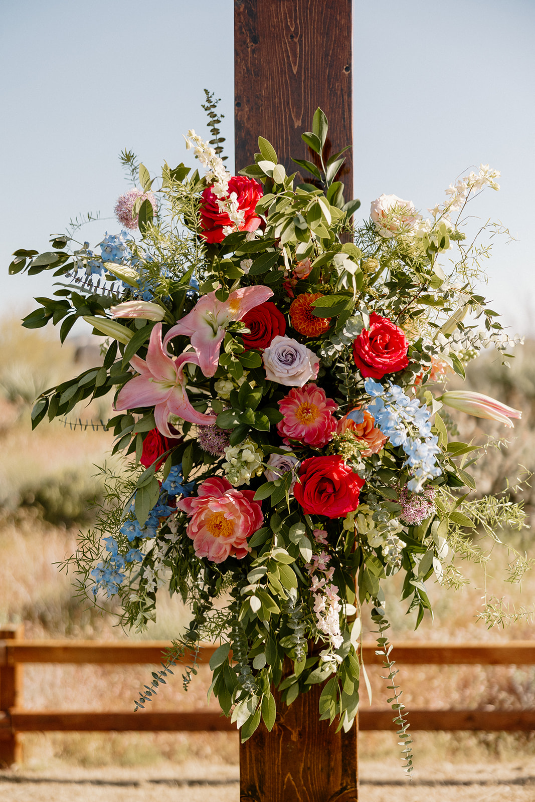 beautiful colorful wedding florals of an Arizona backyard wedding