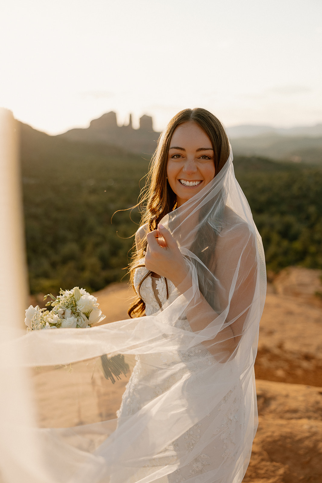 beautiful bride poses with the Arizona desert in the background