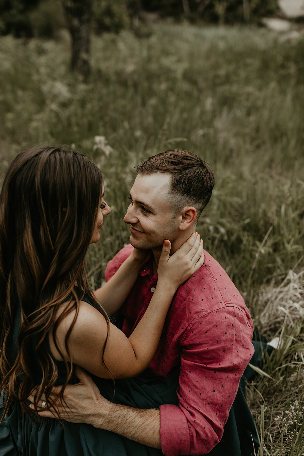 stunning couple share an intimate moment during their West Fork Trail Arizona engagement photo session