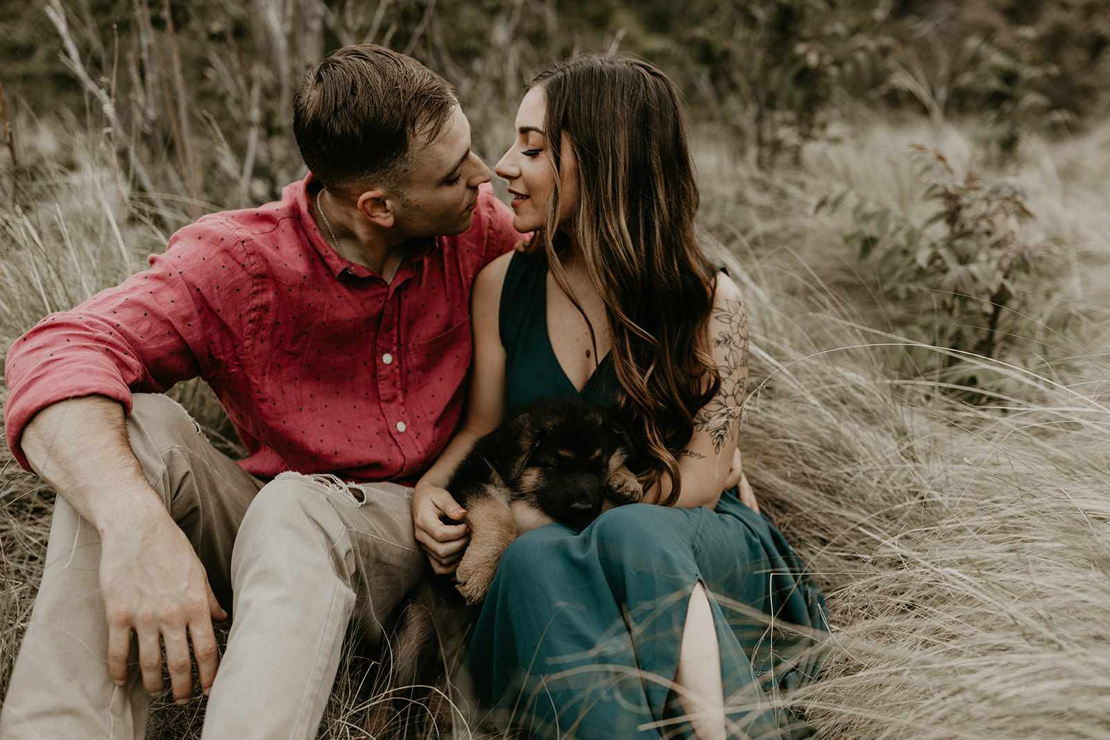 stunning couple share an intimate moment during their West Fork Trail Arizona engagement photo session