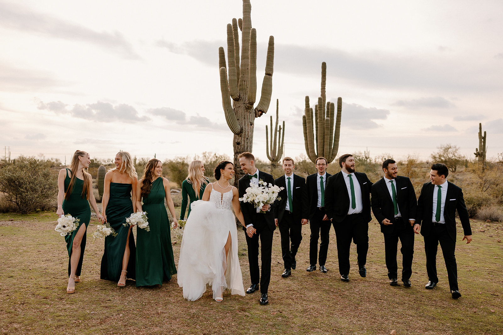 wedding party takes a photo together in the arizona desert 