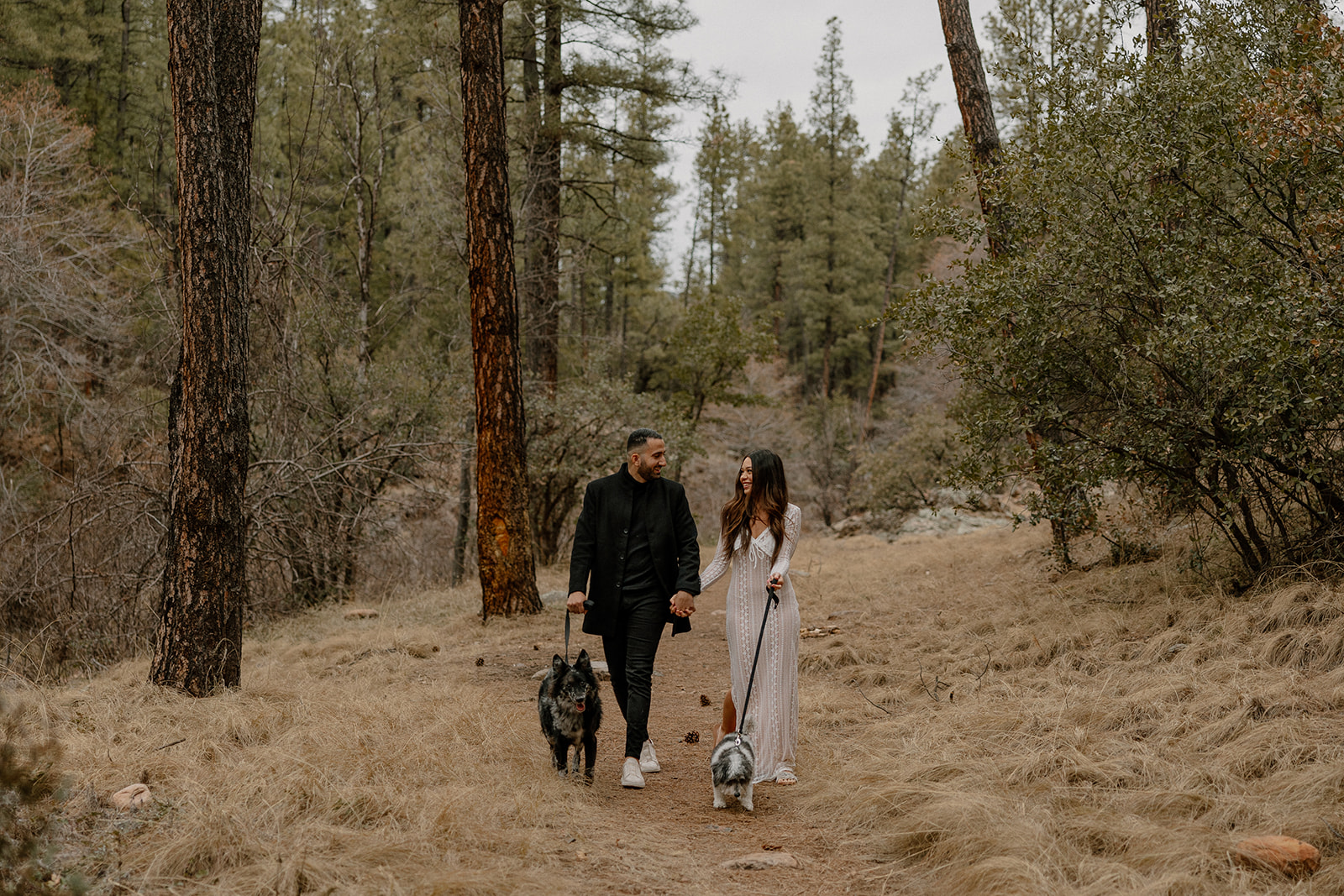 stunning couple pose with their dogs during their Arizona engagement photoshoot!