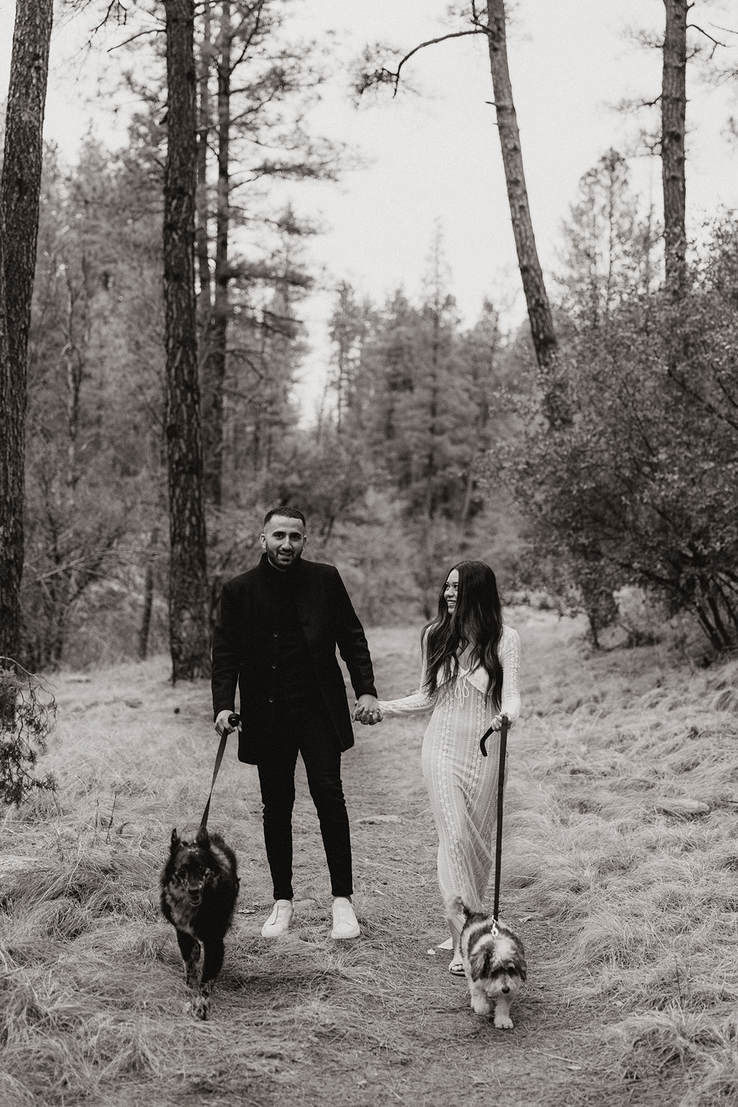 stunning couple pose with their dogs during their Arizona engagement photoshoot!