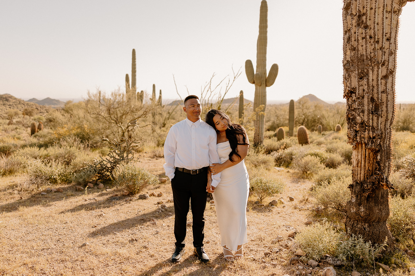 couple poses in the Arizona desert