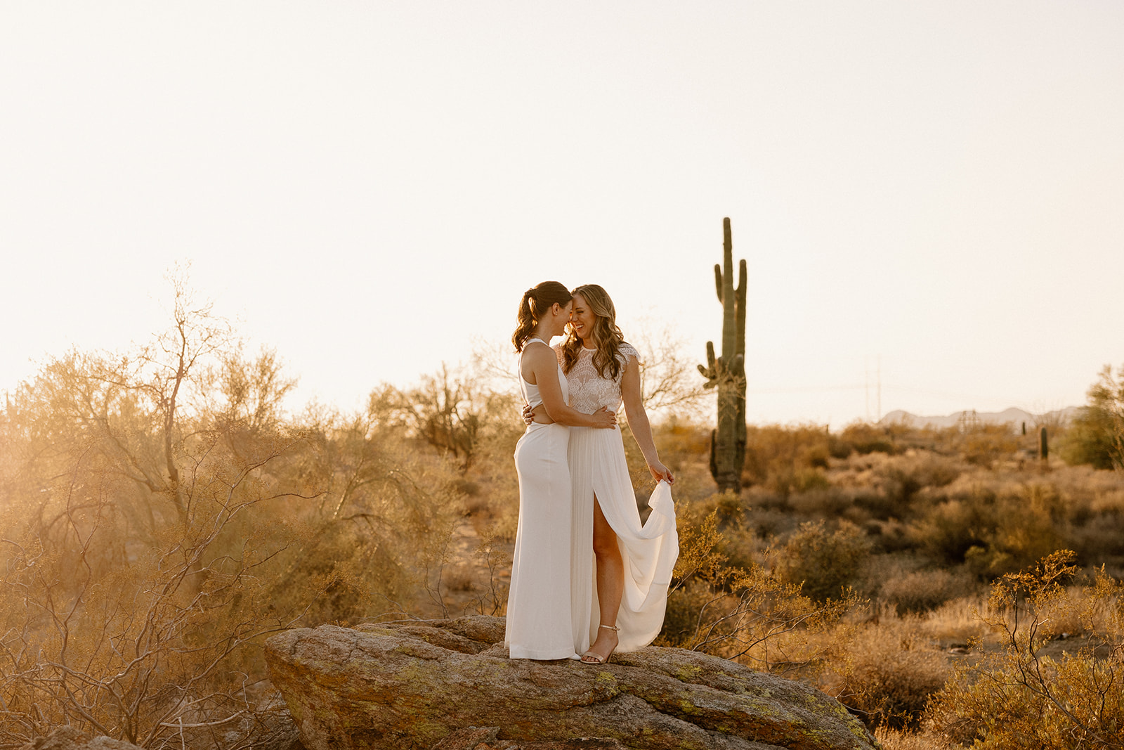 beautiful brides pose together in the Arizona desert after their Arizona wedding day