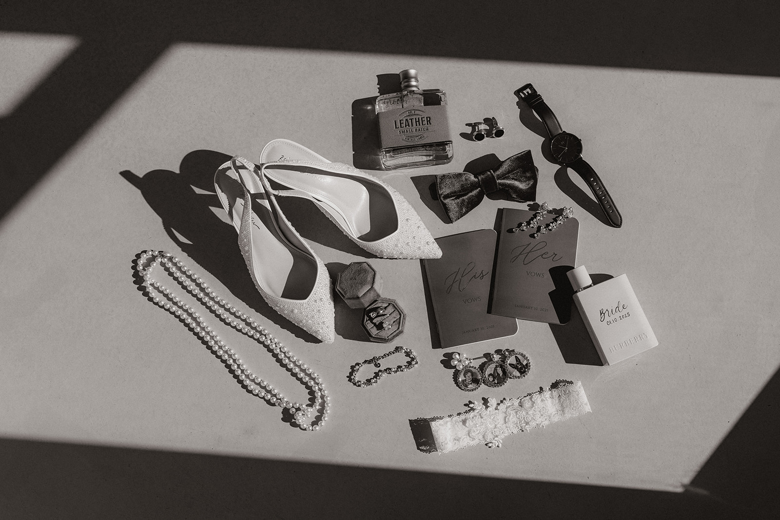 stunning wedding details lay in a flat lay photo layout 