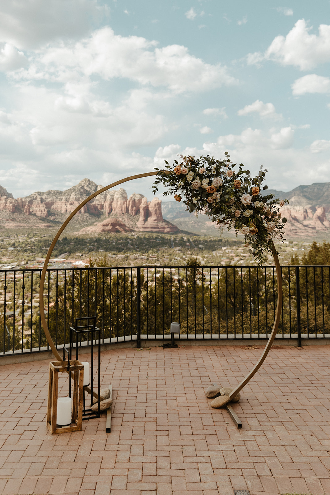 Circular wedding arch at altar for Sky Ranch Lodge wedding