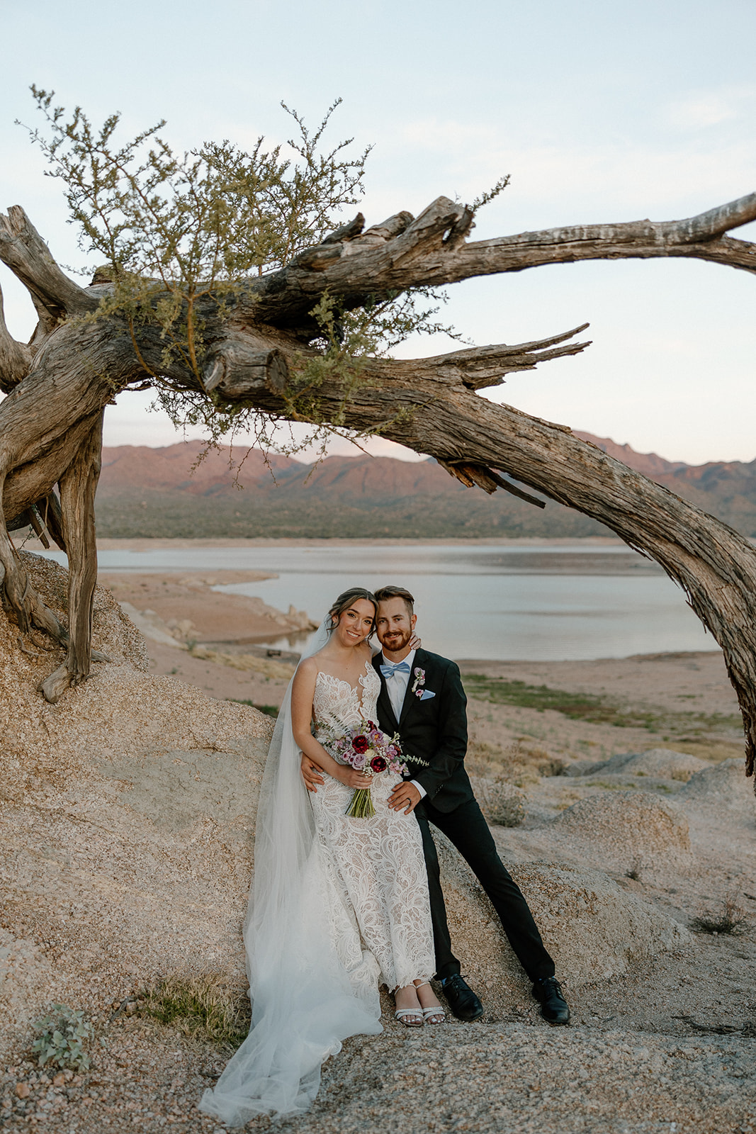 Romantic photo of the bride and groom seated beneath a weathered desert tree overlooking the lake.

