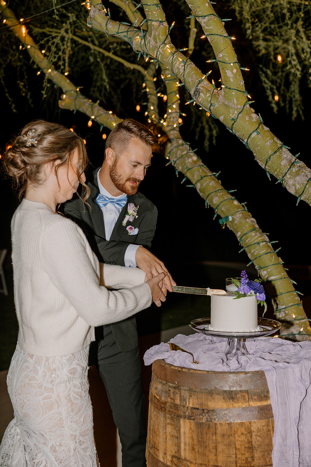 Bride and groom cutting their wedding cake under twinkle lights at The Cove at Bartlett Lake wedding celebration.

