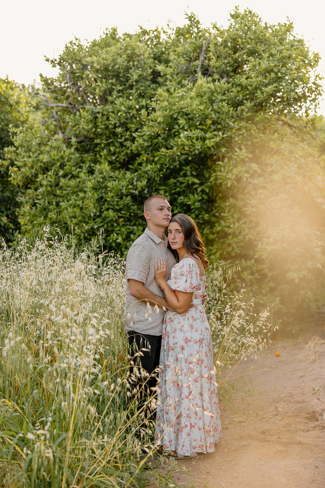 Engaged couple hugging outside orange orchard during engagement photos