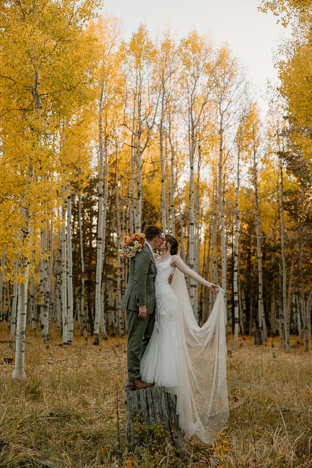Bride and groom standing on tree stump while bride fans out dress while sun shines through forest